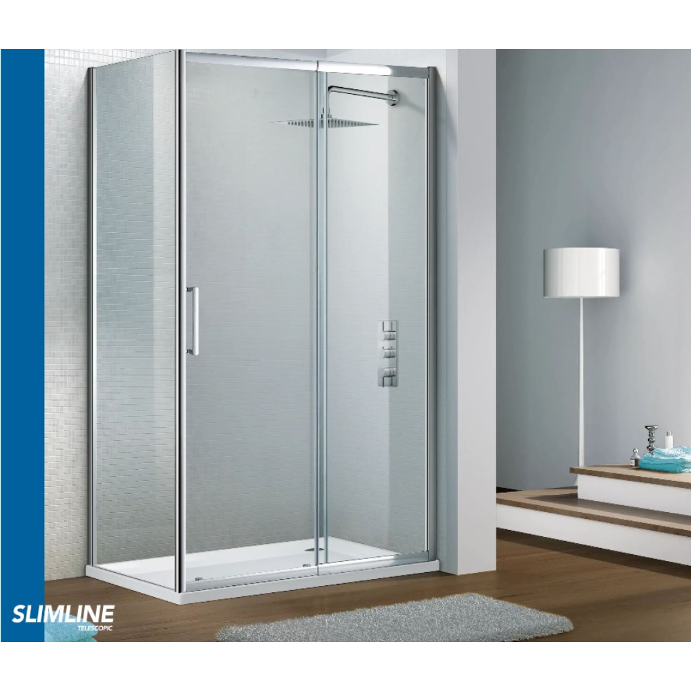 Modern chrome framed sliding shower enclosure with clear glass panels and white base tray in contemporary bathroom setting with grey tiled walls and wooden vanity
