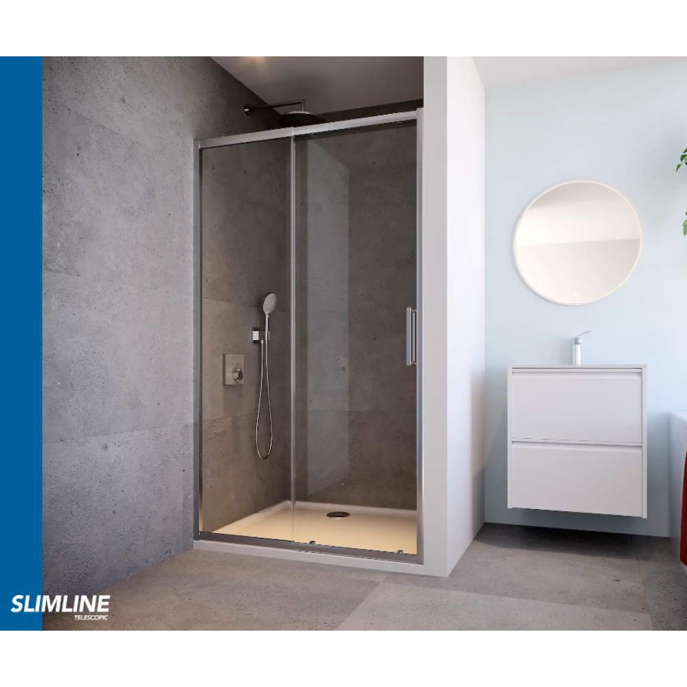 Modern bathroom with Flair Slimline Capella chrome sliding shower door enclosure featuring grey tiled walls, white vanity unit with round mirror, and concrete flooring in contemporary minimalist design