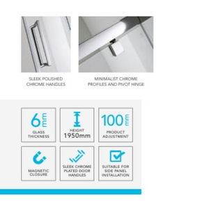 Flair Slimline Capella pivot door with sleek polished chrome handles and minimalist chrome profiles, 6mm glass thickness, 1950mm height, 100mm product adjustment, magnetic closure, suitable for side panel installation