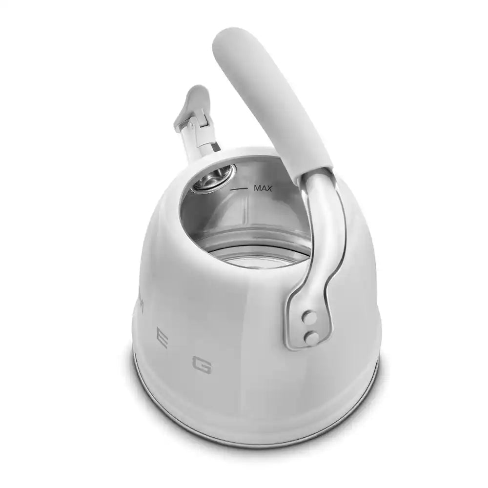 Smeg 50s Style Stovetop Whistling Kettle in stainless steel with white handle, featuring a polished metal spout and MAX water level indicator marking