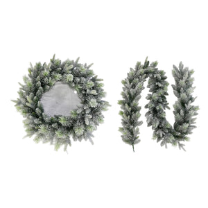 National Tree Company Snowy Stamford 76cm Christmas wreath beside the matching 9ft Snowy Stamford garland, both with frosted green foliage, on a white background