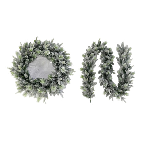 National Tree Company Snowy Stamford 76cm Christmas wreath beside the matching 9ft Snowy Stamford garland, both with frosted green foliage, on a white background