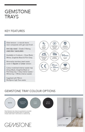 Gemstone Trays product information sheet showing key features including slate texture finish, anti-slip Grade 3 rating, available colors of Onyx Black White Graphite Black and Flint Grey, with size options of 90mm height and 25mm or 30mm waste options, displayed with color swatches and bathroom installation example of white tray with square waste