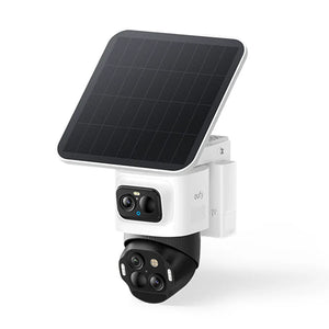 Solar-powered security camera with a black solar panel on a white background