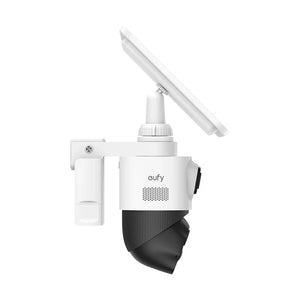 White and black security camera with solar panel on a white background, featuring the brand 'eufy'.