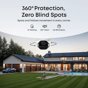 Home security camera system with 360-degree protection and AI tracking features, displayed in front of a house.