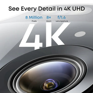 Camera lens with 4K UHD text and specifications on a gray background