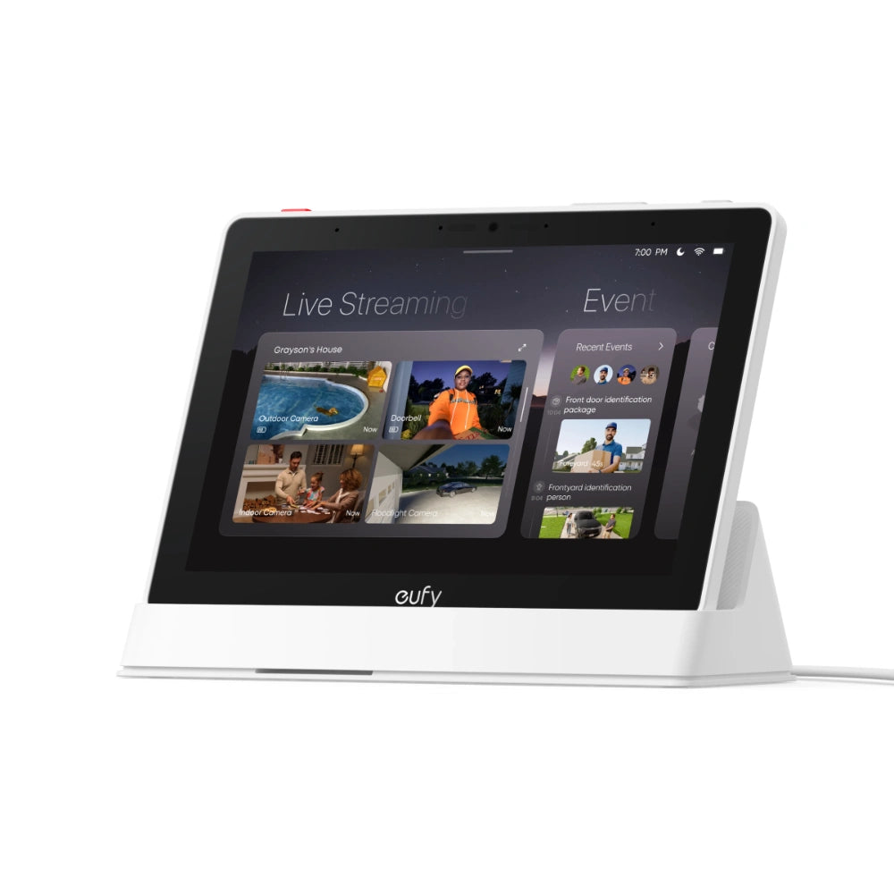 Eufy smart display with screen showing live streaming content on a white background