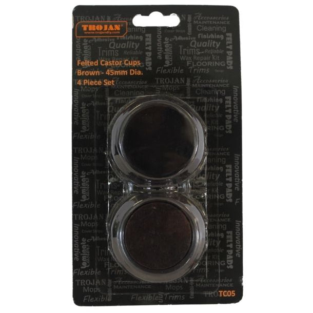 Trojan Felted Castor Cups 45mm Brown 4 Piece Set in clear plastic packaging showing two brown felt-lined cups on black product card