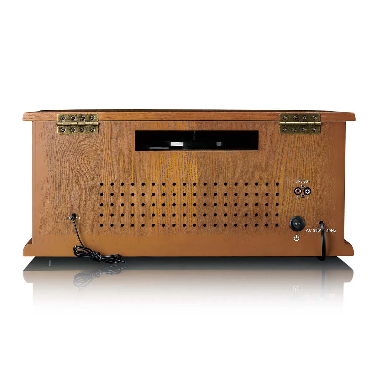 Lenco TCD-2551WD 8-in-1 retro turntable record player with wooden cabinet in warm brown oak finish, featuring perforated speaker grille, brass hinges, top-mounted display window, and power controls visible on the front panel