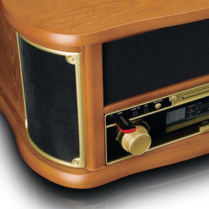 Lenco TCD-2551WD 8-in-1 retro turntable with warm wood cabinet, brass trim, black fabric speaker panels, and integrated control panel with tuner display and volume knob