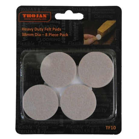 Trojan Heavy Duty Felt Pads 38mm diameter 8 piece pack showing four beige circular felt pads arranged on black packaging with product details and wooden furniture leg demonstration image