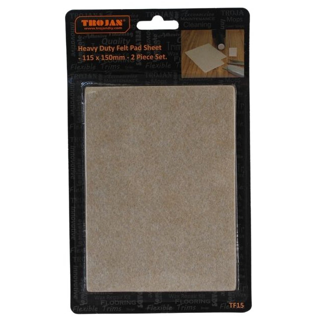 Trojan Heavy Duty Felt Pad Sheet 115mm x 150mm 2 piece set in beige displayed on black product packaging with wooden floor application image