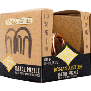 True Genius Roman Arches metal puzzle in cardboard packaging showing bronze arch design, difficulty 3/5, ages 8+, based on ancient artifact brainteaser toy