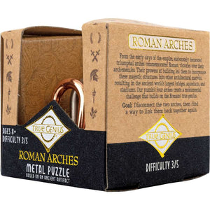 Roman Arches metal puzzle game in kraft cardboard packaging with copper-colored interlocking arches, True Genius brand logo, difficulty rating 3/5, ages 8+, displayed against white background