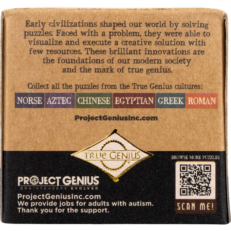Back of cardboard box for True Genius Roman Arches wooden puzzle game showing tan kraft paper with dark text, six colored civilization labels (Norse, Aztec, Chinese, Egyptian, Greek, Roman), Project Genius branding, QR code, and information about providing jobs for adults with autism