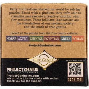 Back of cardboard box for True Genius Roman Arches wooden puzzle game showing tan kraft paper with dark text, six colored civilization labels (Norse, Aztec, Chinese, Egyptian, Greek, Roman), Project Genius branding, QR code, and information about providing jobs for adults with autism