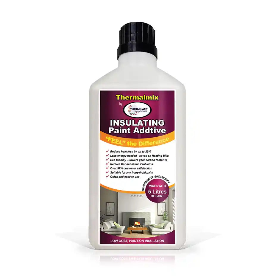 Thermalmix insulating paint additive bottle with black cap and white label featuring purple and orange branding, showing product benefits and a cozy fireplace interior scene, suitable for mixing with 5 litres of paint