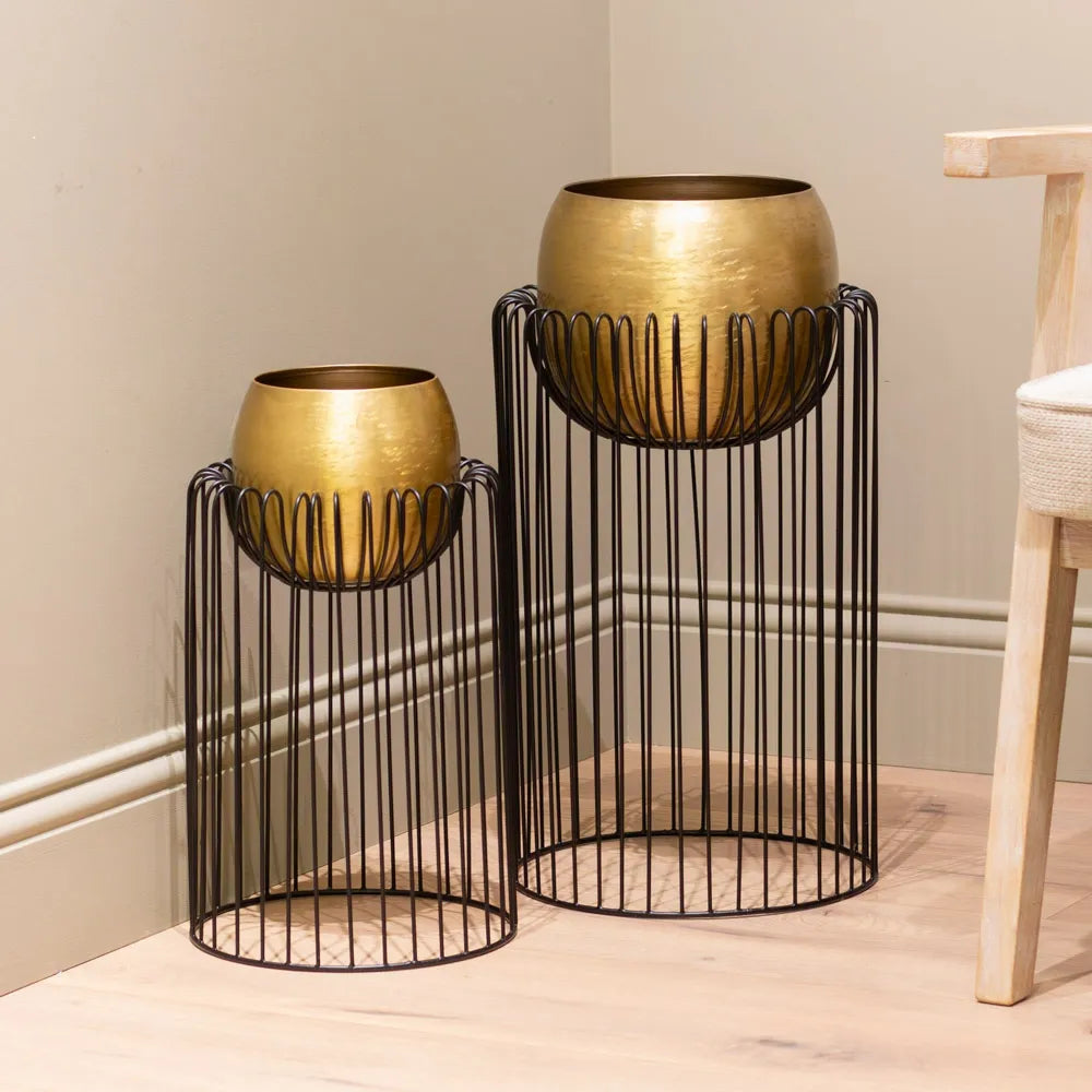 Tara Lane Misha Planters with Stand Set of 2 - Black / Brass | TL6923