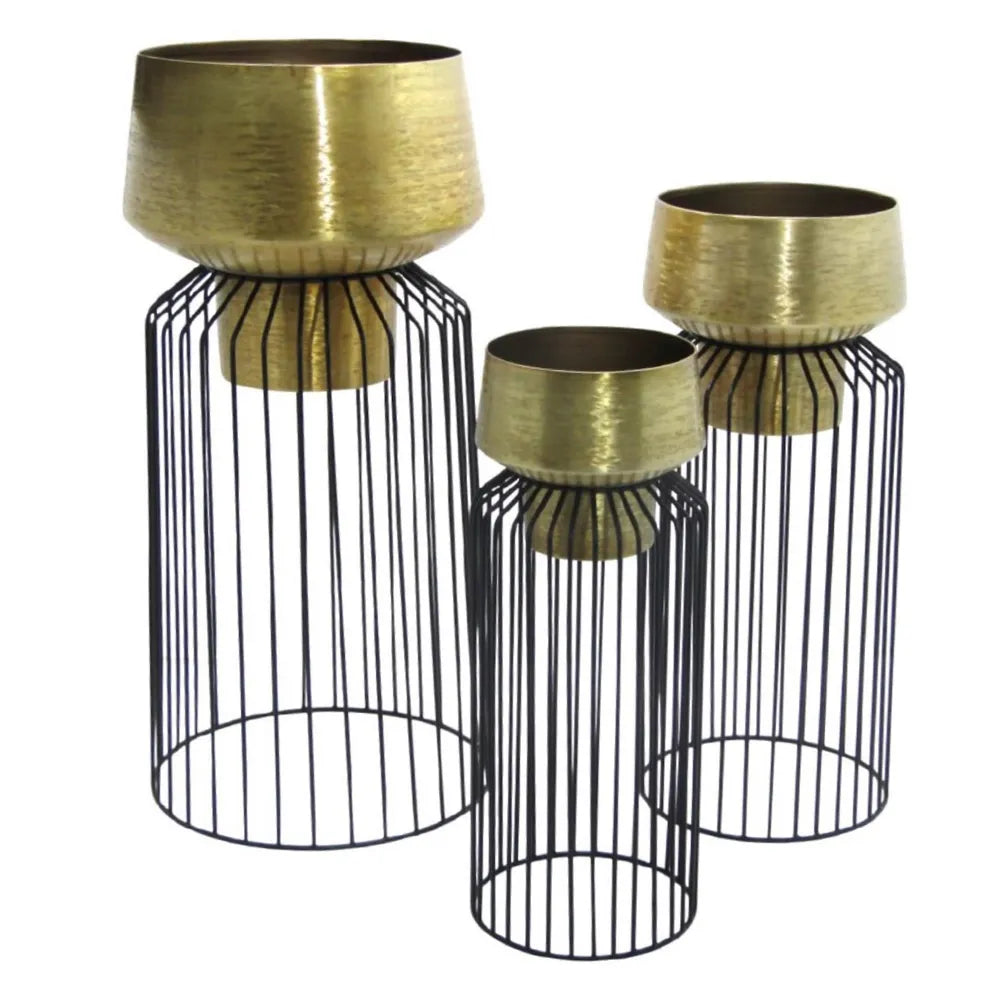 Tara Lane Lisa Planters with Stand Set of 3 - Black / Brass | TL6925