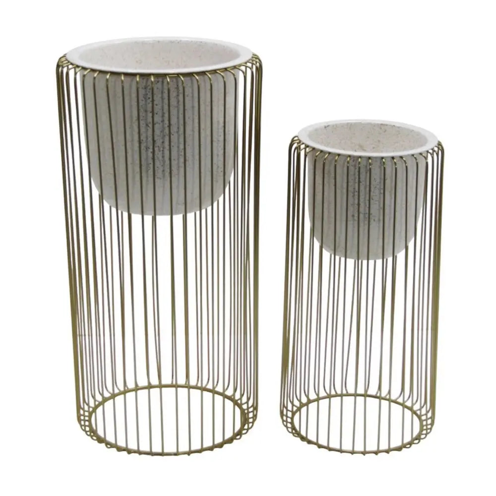 Tara Lane Ria Planters with Stand Set of 2 - White / Gold | TL6930