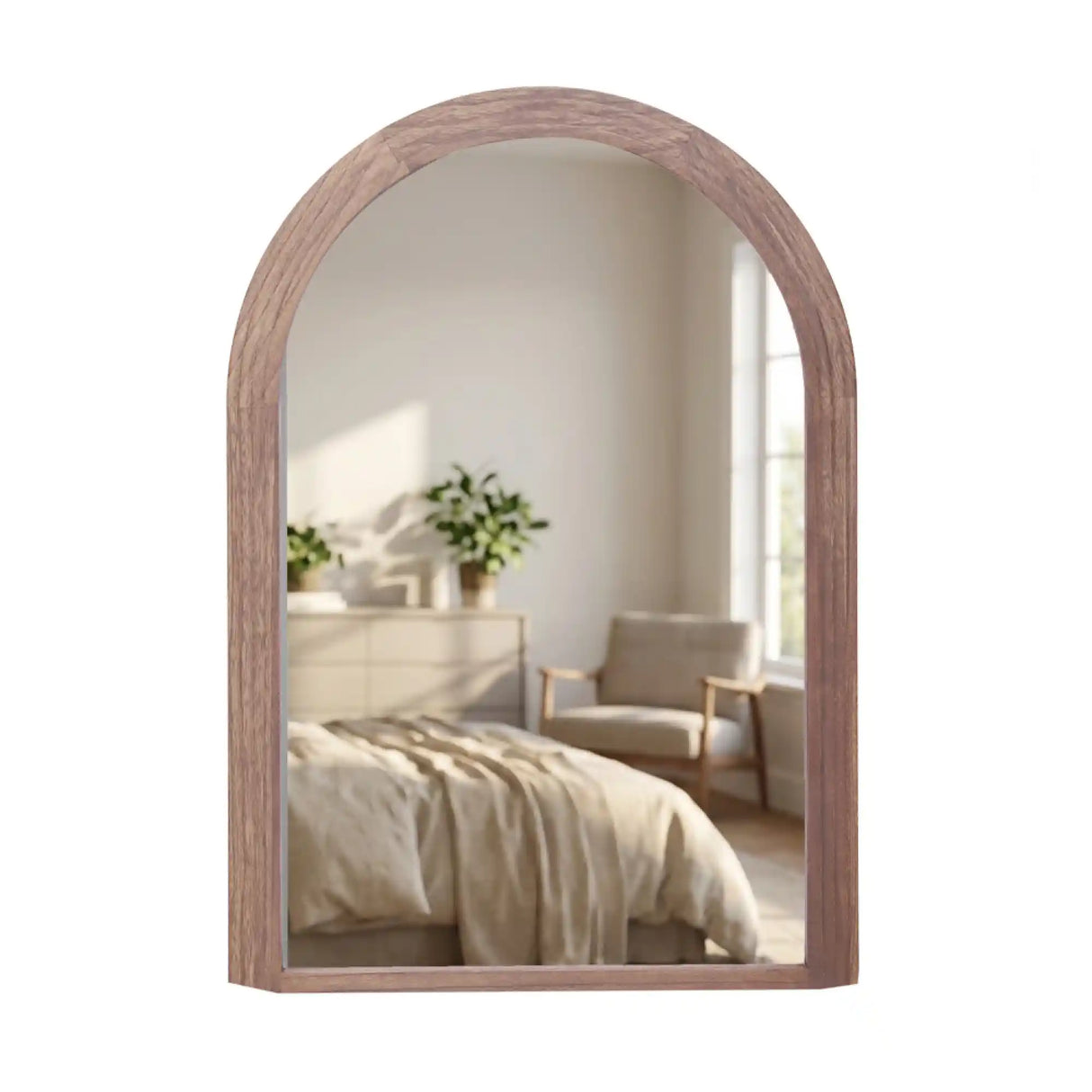 Tara Lane stepped arched wall mirror with natural wood frame reflecting a minimalist bedroom interior with bed, dresser and potted plant