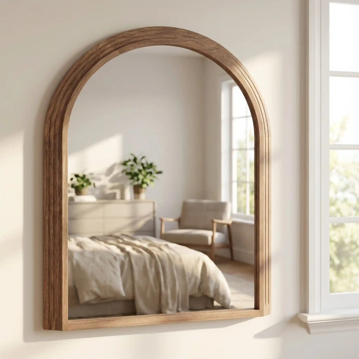 Tara Lane Stepped Arched Wall Mirror in natural wood, 70cm x 100cm, mounted on cream wall reflecting bedroom with bed, dresser and potted plants
