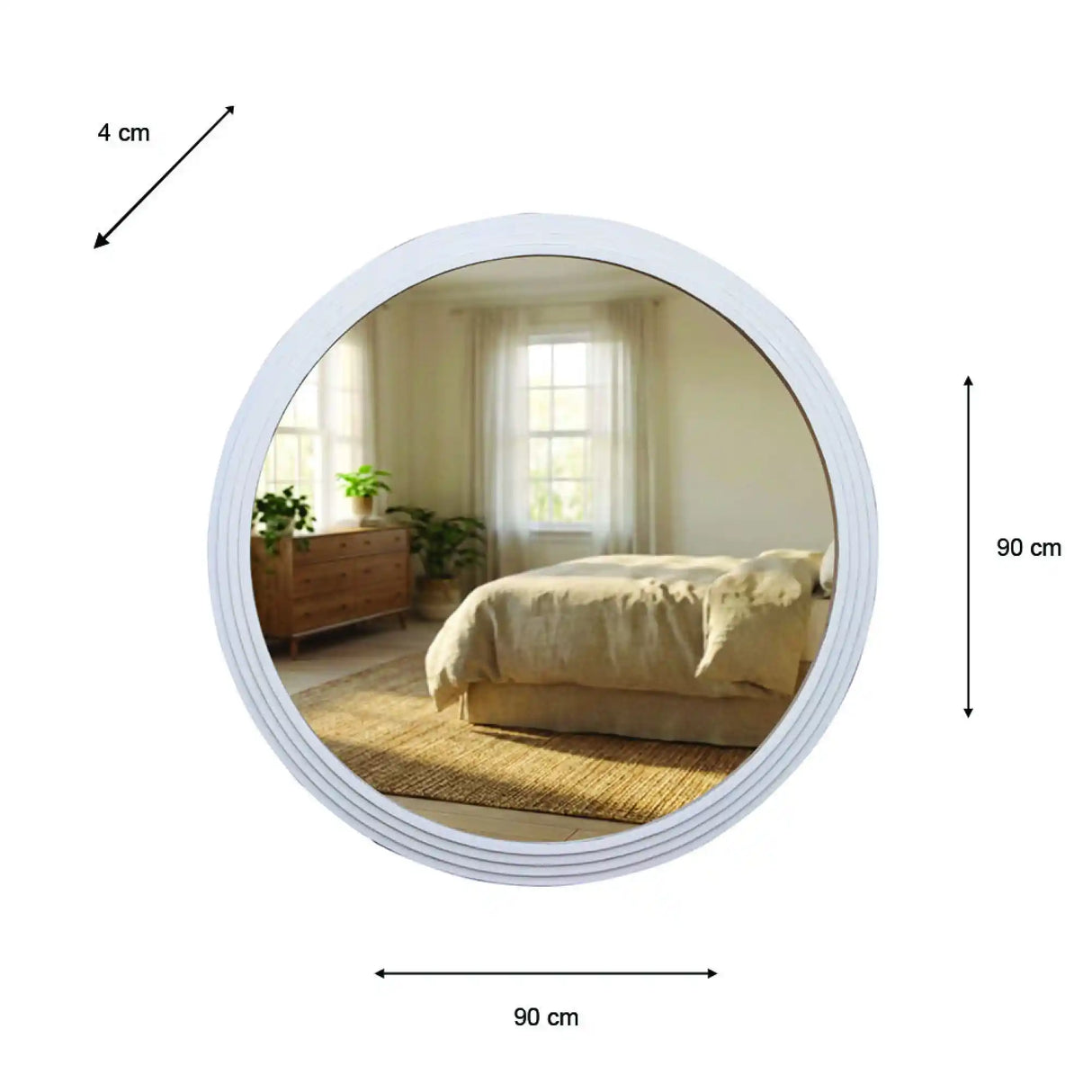 Tara Lane Stepped Round Wall Mirror 90cm in oyster white finish showing circular mirror with textured frame reflecting bedroom interior with bed dresser and window