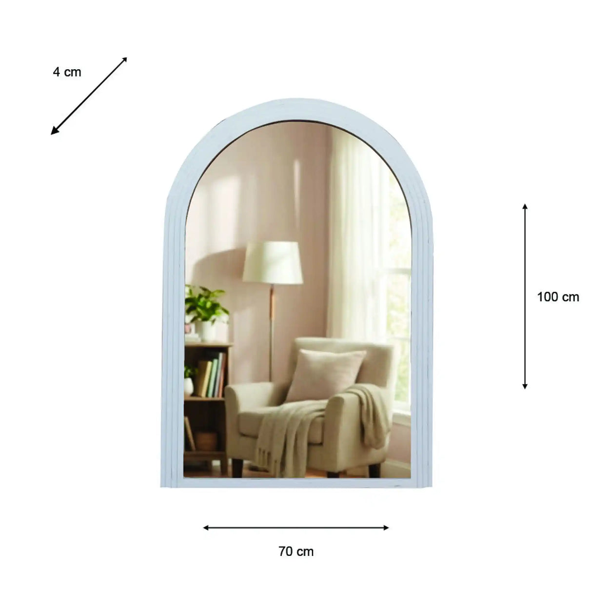 Tara Lane Stepped Arched Wall Mirror in Oyster finish, 70cm wide by 100cm tall, featuring a curved top frame and reflective glass surface displaying a living room interior with cream armchair, lamp, and bookshelf