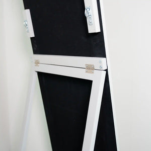 Tara Lane Stepped Arched Floorstanding Mirror in Oyster white with black interior panel, featuring brass hinges and decorative frame detail, 40cm x 170cm