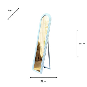 Tara Lane Stepped Arched Floorstanding Mirror in Oyster blue, 40cm wide x 170cm tall, with curved top frame and kickstand, showing full-length reflection in modern interior setting
