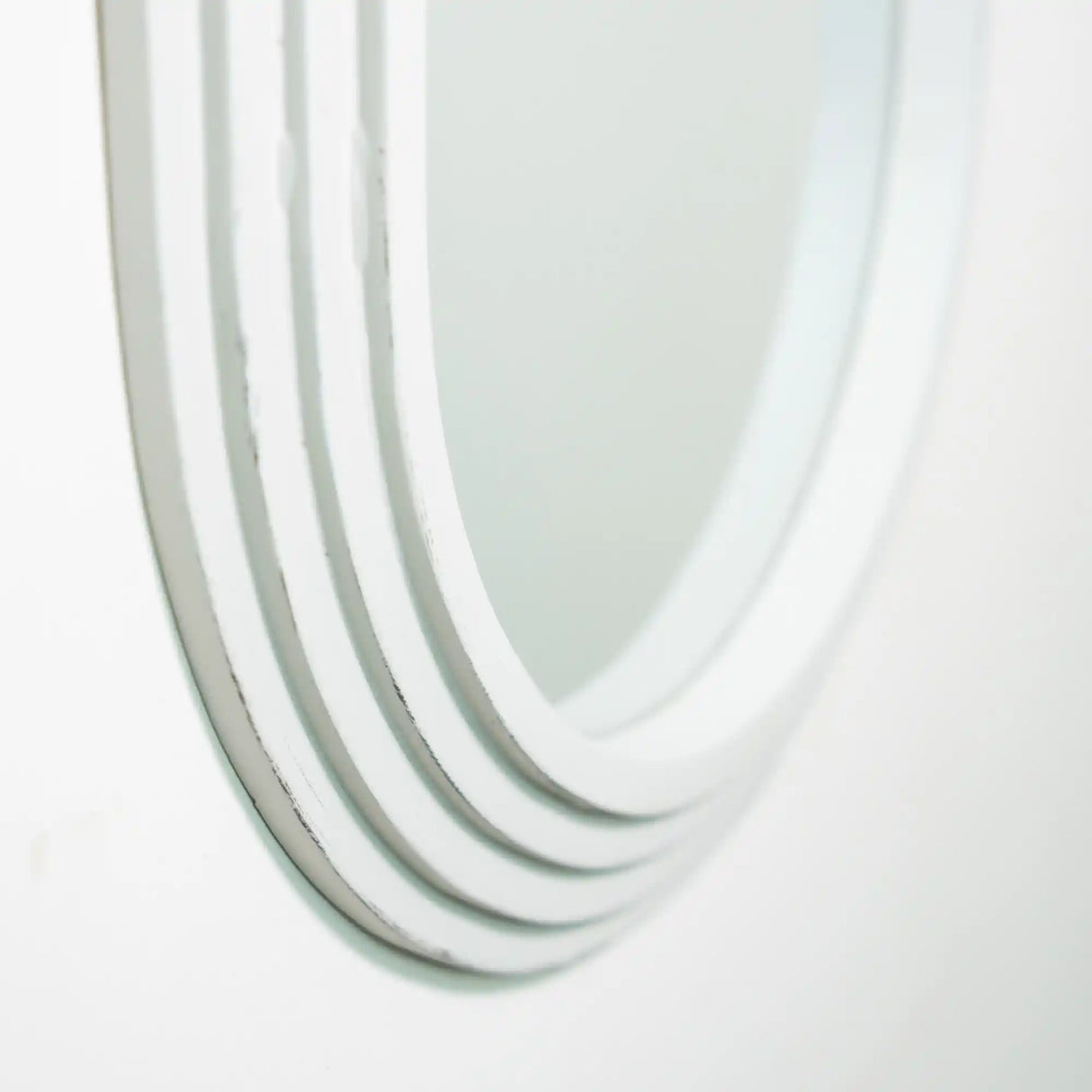 Tara Lane Stepped Pill Shaped Dressing Mirror in Oyster finish, 45cm x 150cm, featuring curved white frame with layered stepped design detail against light background