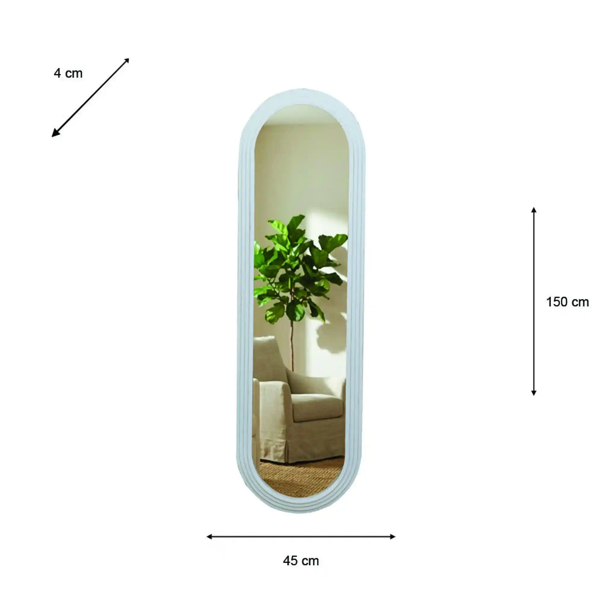 Tara Lane Stepped Pill Shaped Dressing Mirror in Oyster finish, 45cm wide by 150cm tall, with rounded edges and light blue-grey frame, leaning against white wall with green plant and beige furniture reflected in mirror surface
