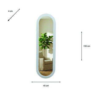 Tara Lane Stepped Pill Shaped Dressing Mirror in Oyster finish, 45cm wide by 150cm tall, with rounded edges and light blue-grey frame, leaning against white wall with green plant and beige furniture reflected in mirror surface