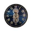 Large black wall clock with gold Roman numerals and exposed brass gears mechanism, Old Town Clocks Est 1883 design, 50cm diameter with decorative outer bezel
