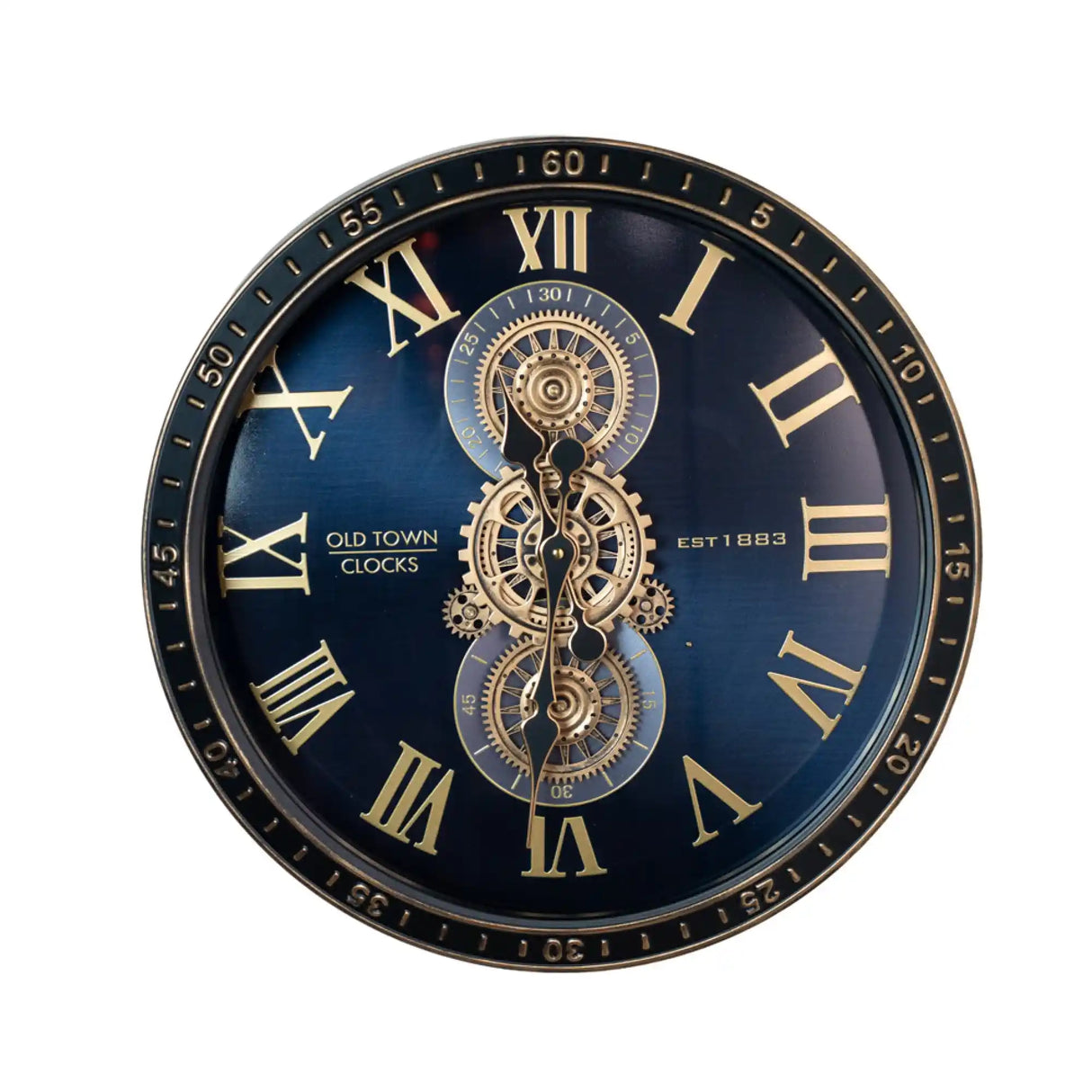 Large black wall clock with gold Roman numerals and exposed brass gears mechanism, Old Town Clocks Est 1883 design, 50cm diameter with decorative outer bezel