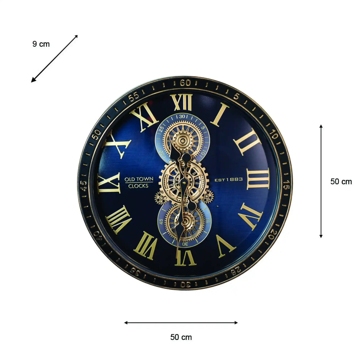 Large decorative wall clock 50cm diameter with black and gold steampunk design, featuring Roman numerals, exposed brass gears and mechanical components on navy blue face, Old Town Clocks branding, accompanied by 9cm scale reference
