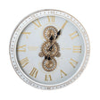 Tara Lane Old Town Gears Clock 50cm in ivory with gold Roman numerals, visible brass gear mechanism, and minute markers around the outer ring