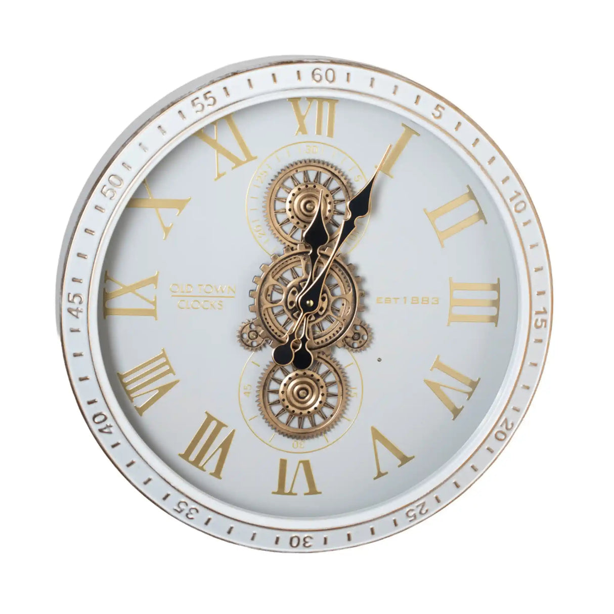 Tara Lane Old Town Gears Clock 50cm in ivory with gold Roman numerals, visible brass gear mechanism, and minute markers around the outer ring