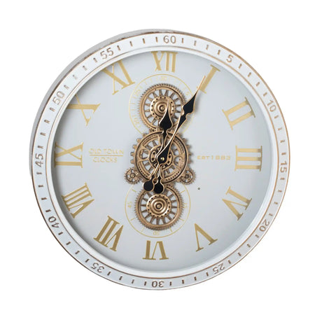 Tara Lane Old Town Gears Clock 50cm in ivory with gold Roman numerals, visible brass gear mechanism, and minute markers around the outer ring