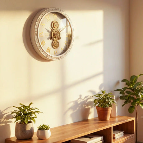 Tara Lane Old Town Gears Clock 50cm in ivory mounted on a cream wall above a wooden shelf with potted plants, featuring Roman numerals and visible brass gears mechanism in bright natural light