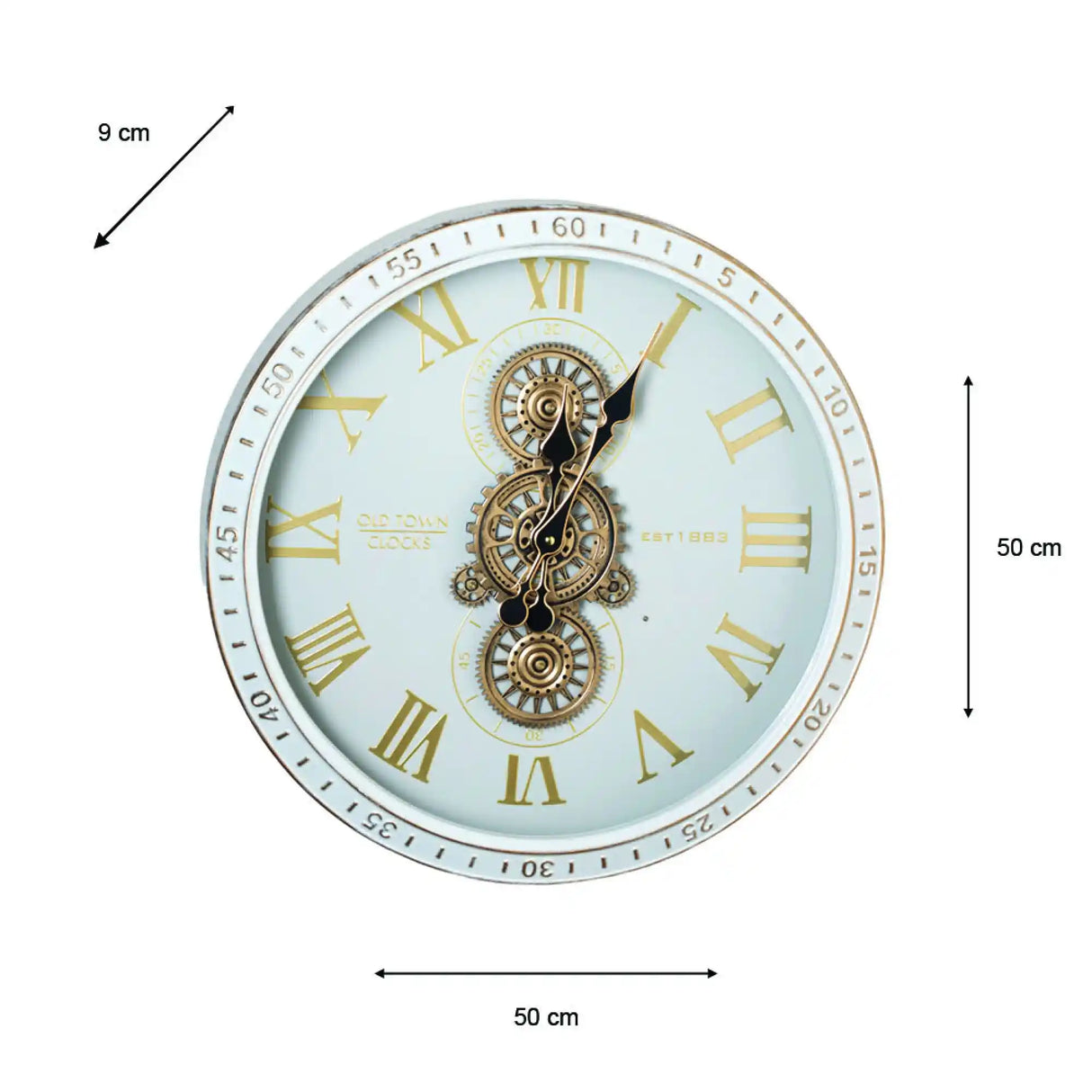 Tara Lane Old Town Gears Clock 50cm ivory wall clock with Roman numerals, exposed brass gears, steampunk design and decorative hands shown with 9cm and 50cm dimension markers