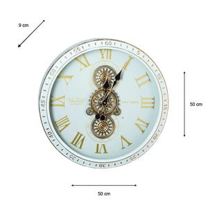 Tara Lane Old Town Gears Clock 50cm ivory wall clock with Roman numerals, exposed brass gears, steampunk design and decorative hands shown with 9cm and 50cm dimension markers
