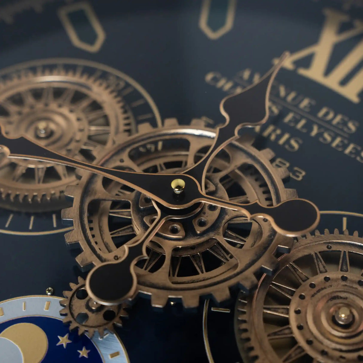 Close-up of a steampunk-style side table with bronze gears and cogs on a dark background, featuring ornate mechanical details and decorative clock face elements in gold and blue tones