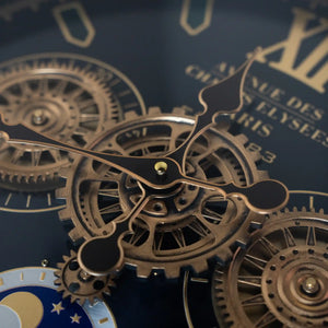 Close-up of a steampunk-style side table with bronze gears and cogs on a dark background, featuring ornate mechanical details and decorative clock face elements in gold and blue tones