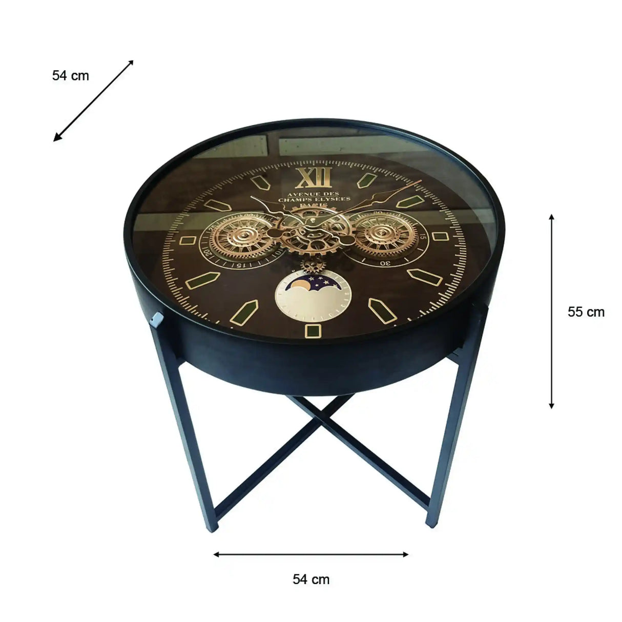 Black round side table with ornate clock face featuring Roman numerals, brass gears and moon phase dial, X-frame metal legs, 54cm width and 55cm height, modern industrial design with steampunk styling