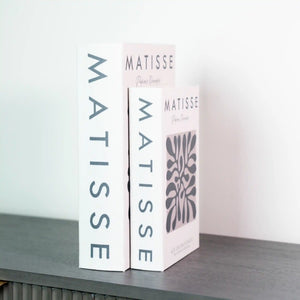 Two white paperback books with gray lettering displaying "Matisse" by Tara Lane standing upright on a dark surface, featuring minimalist design with pink accents and decorative botanical motifs on the spines