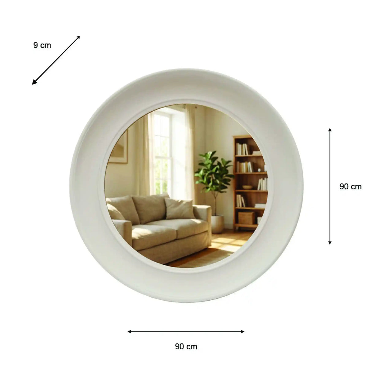 Round white oyster-coloured mirror with 90cm diameter and 9cm frame depth, mounted on wall, reflecting a bright living room interior with beige sofa, wooden bookshelf and window