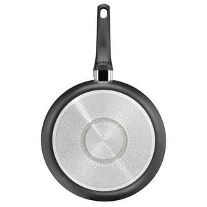 Tefal Ultimate Frypan 30cm frying pan with black handle and metallic silver non-stick cooking surface featuring honeycomb texture pattern, stainless steel band and riveted attachment, viewed from above on white background