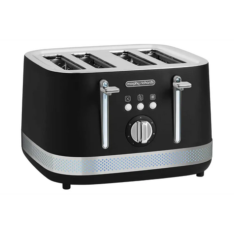 Morphy Richards Illumination 4 slice toaster in black with chrome handles and silver textured band, featuring control dials and function buttons on the front